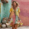Women's Bohemian Floral Embroidery Patchwork Art V-neck Linen Blend Midi Dress elevenforest