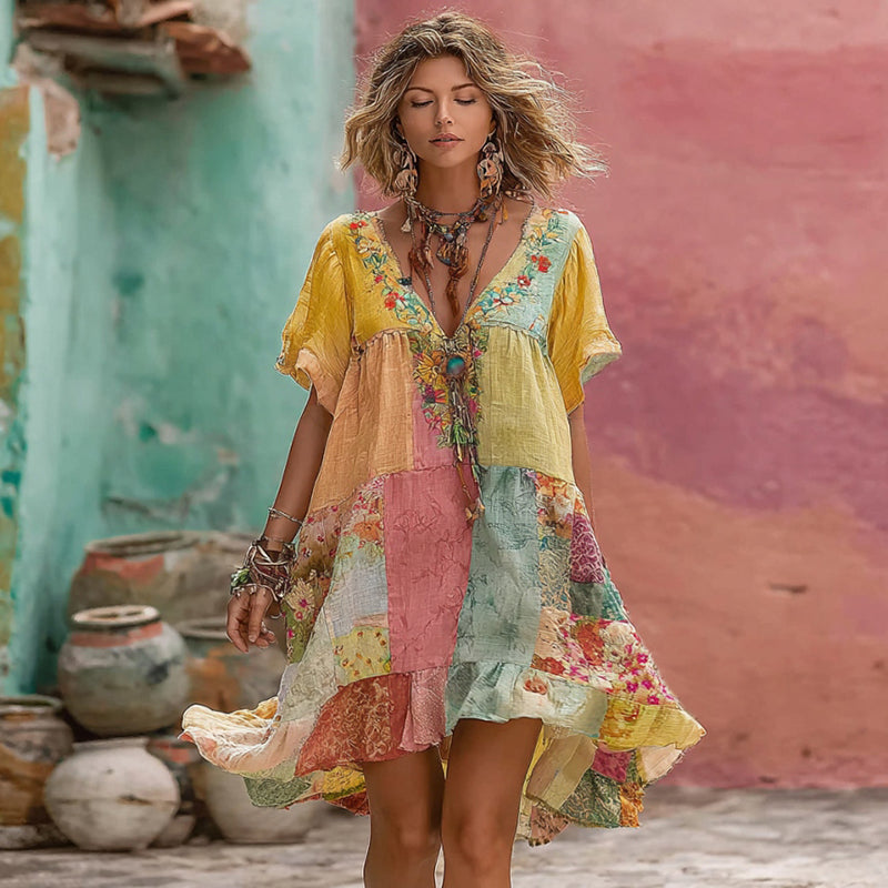 Women's Bohemian Floral Embroidery Patchwork Art V-neck Linen Blend Midi Dress elevenforest