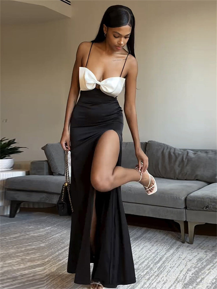 Tossy Tee Bow High Split Contrast Maxi Dress Female Slim Patchwork Holiday Beach Backless Party Dress Gown Dress