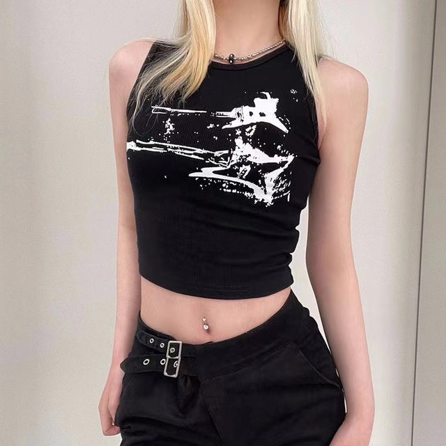 2000s E-girl Print Sleeveless Tank Top Summer Y2k Ribbed Grunge Crop Top Harajuku Vest Tee Street Black Top