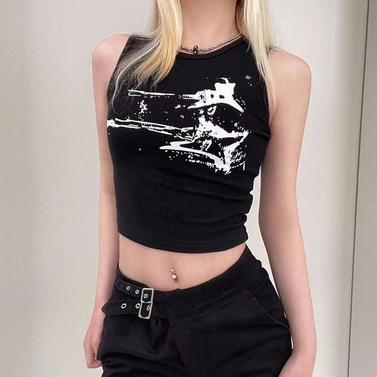2000s E-girl Print Sleeveless Tank Top Summer Y2k Ribbed Grunge Crop Top Harajuku Vest Tee Street Black Top