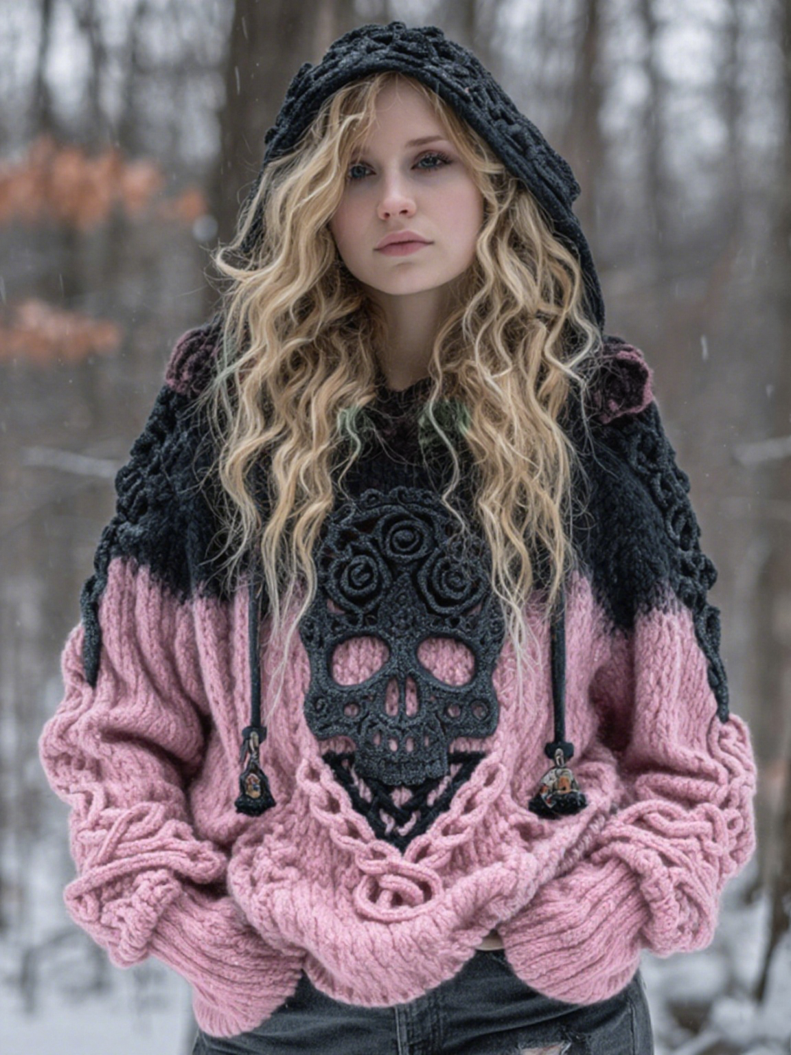 Women's Vintage Viking Tribal Celtic Skull Gradient Art Chunky Knit Hooded Sweater elevenforest