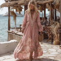 Women's Boho Style Floral Art Long-sleeved V-neck Dress elevenforest