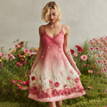 Pink Rose Embroidered Gradient Linen Suspender Dress elevenforest