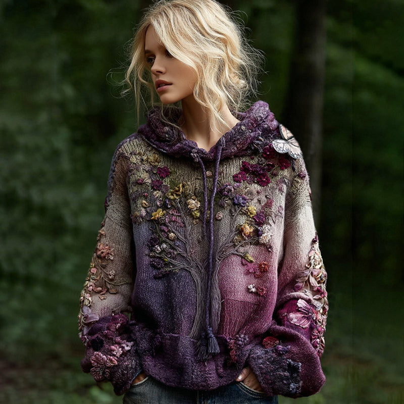Women's Vintage Life Of Tree Embroidery Gradient Art Cozy Hooded Sweater elevenforest