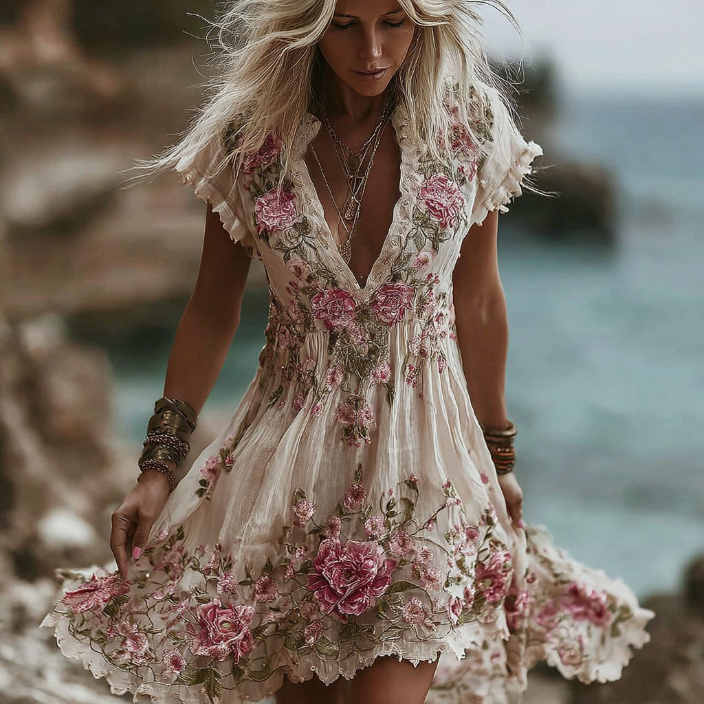 Women's Vintage Pink Rose Embroidery Art Comfy Linen Midi Dress elevenforest