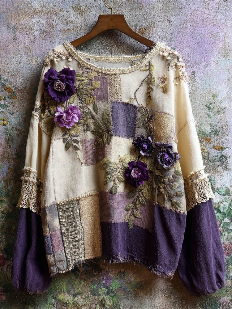 Purple Floral Patchwork Vintage Women's Linen Loose Shirt elevenforest
