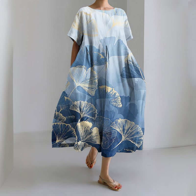 Comstylish Women's Retro Plant Ginkgo Leaf Print Linen Dress