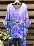 Women's Elegant Gradient Hydrangea Pattern Round Neck Top