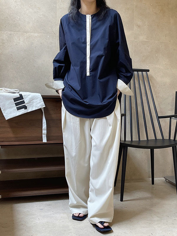 Urban Long Sleeves Loose Contrast Color Round-neck Blouses&shirts Tops