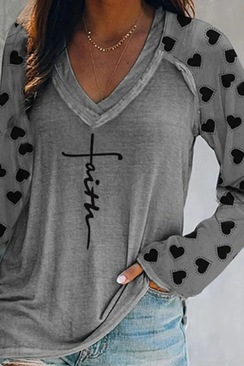 Print Patchwork V Neck T-shirts(4 Colors)