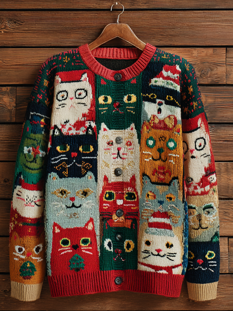 Christmas Fun Cat Lady Round Neck Knitted Sweater Coat elevenforest