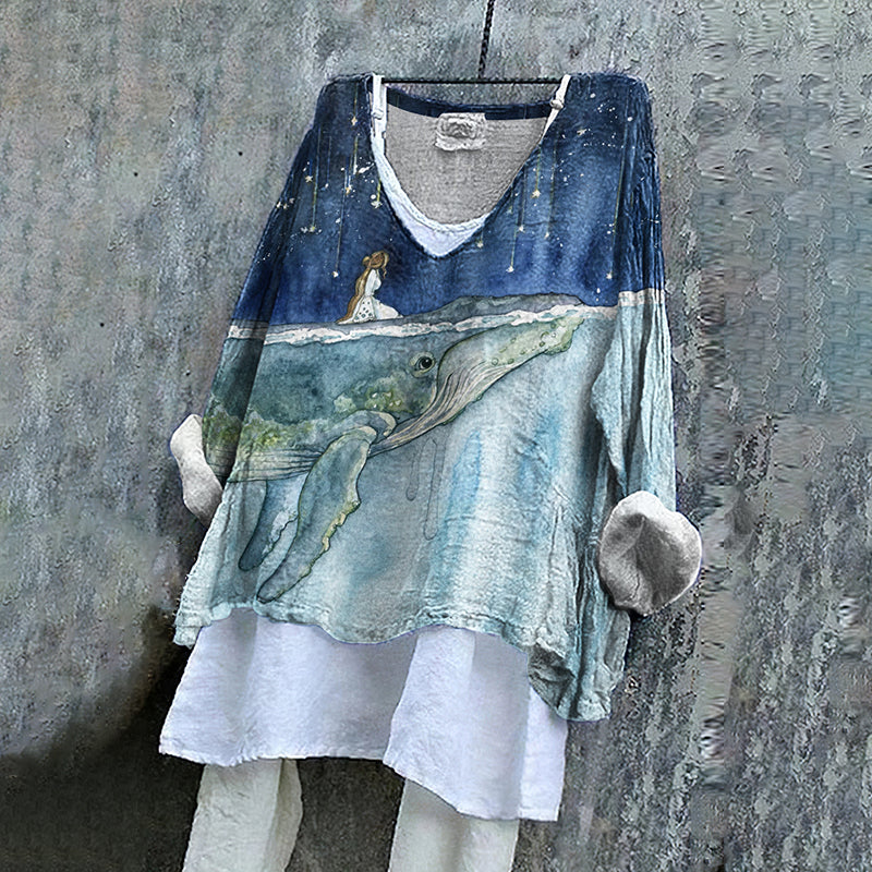 Vintage Fantasy Watercolor Painting Of Girl On Whale's Back Dreamy Art Pattern Linen Blend Tunic elevenforest
