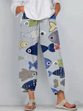 Vintage Fish Japanese Art Linen Blend Cropped Casual Pants elevenforest