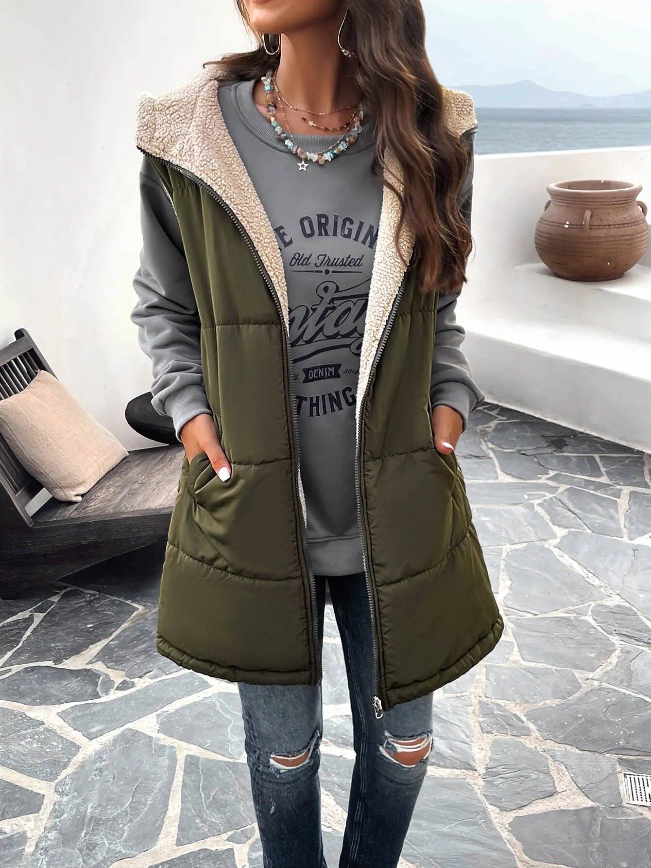 Fall and Forever Hooded Puffer Vest - Olive