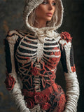 Comstylish Halloween Skeleton & Rose Bandage Art Women's Hooded Sweater
