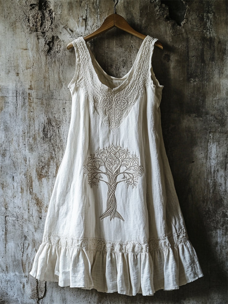 Tree Of Life Lace Patchwork Ruffle Hem Linen Dress elevenforest