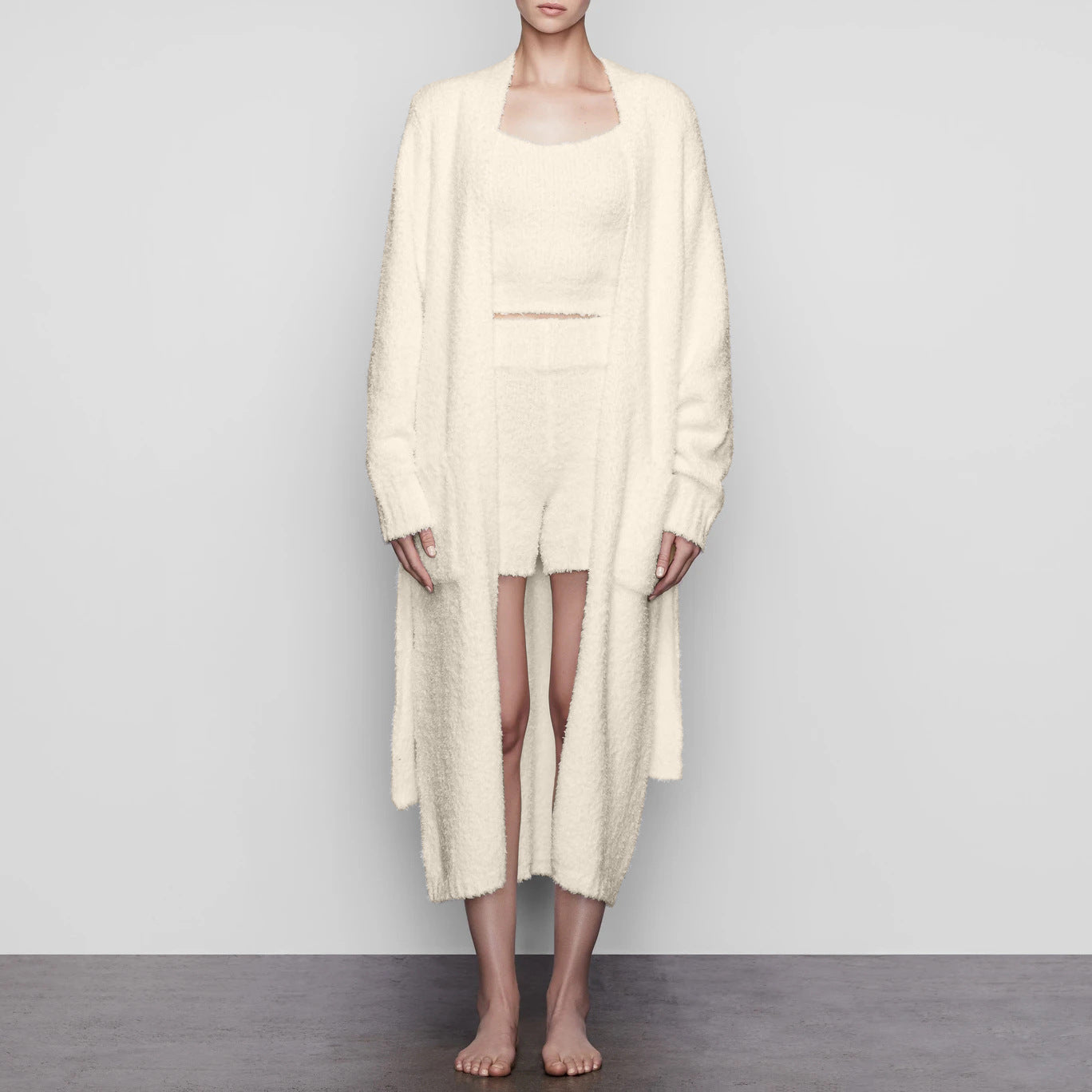 Fluffy Set Clothes Plush Lace-up Long Cardigan Belted Bathrobe Homewear Coat