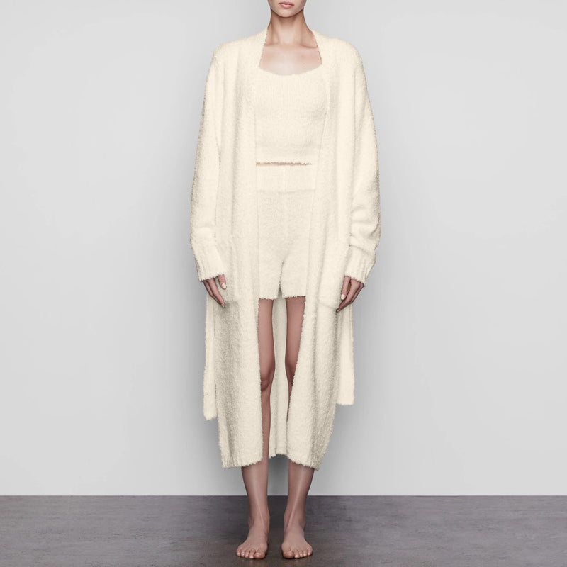 Fluffy Set Clothes Plush Lace-up Long Cardigan Belted Bathrobe Homewear Coat