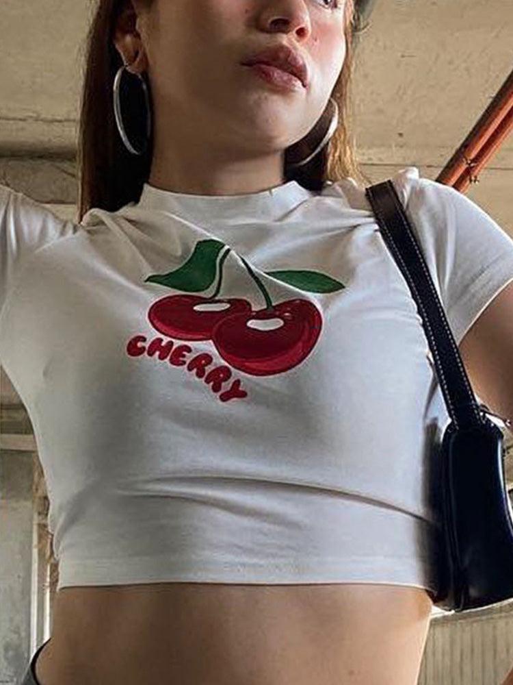New T-shirt Y2k Crop Tops Cherry Print Graphic Summer Korean Harajuku Short Sleeve Sweet Slim Tees