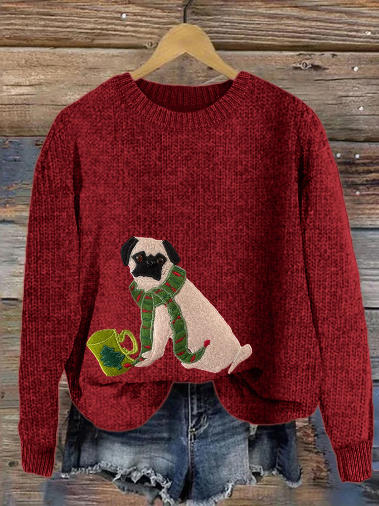 Comstylish Funny Christmas Pug Dog Embroidered Cozy Sweater