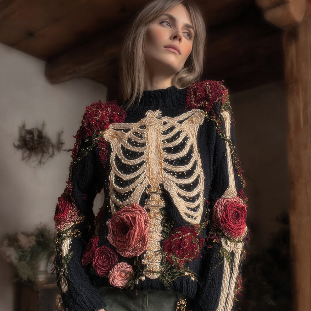 Women Halloween Ancient Human Anatomy And Red Rose Ancient Round Neck Sweater elevenforest