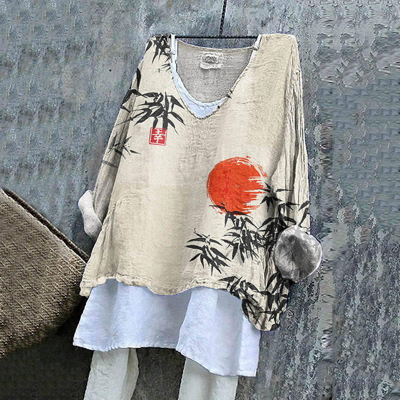 Vintage Japanese Bamboo Red Sun Art Linen Blend Tunic elevenforest