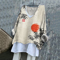 Comstylish Vintage Japanese Bamboo Red Sun Art Linen Blend Tunic