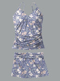 V-Neck Vintage Flowers Print Suspender Skirt Tankini Pantskirt Set Swimsuit