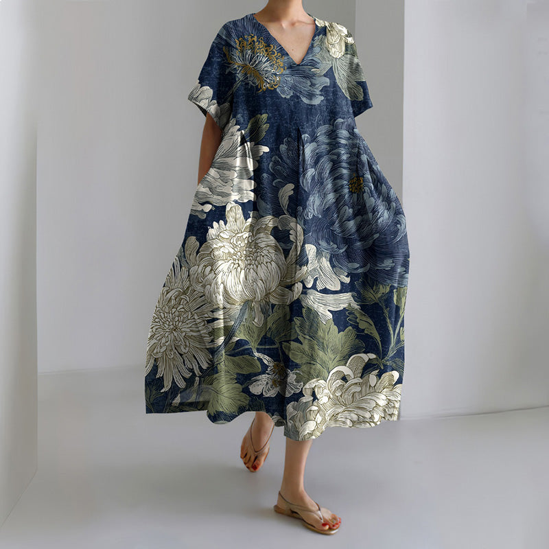 Comstylish Women's Floral Art Linen Short-sleeved Dress