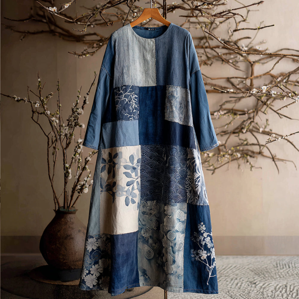 Japanese Style Plant Printed Patchwork Retro Tie-dyed Round Neck Dress elevenforest