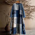 Japanese Style Plant Printed Patchwork Retro Tie-dyed Round Neck Dress elevenforest