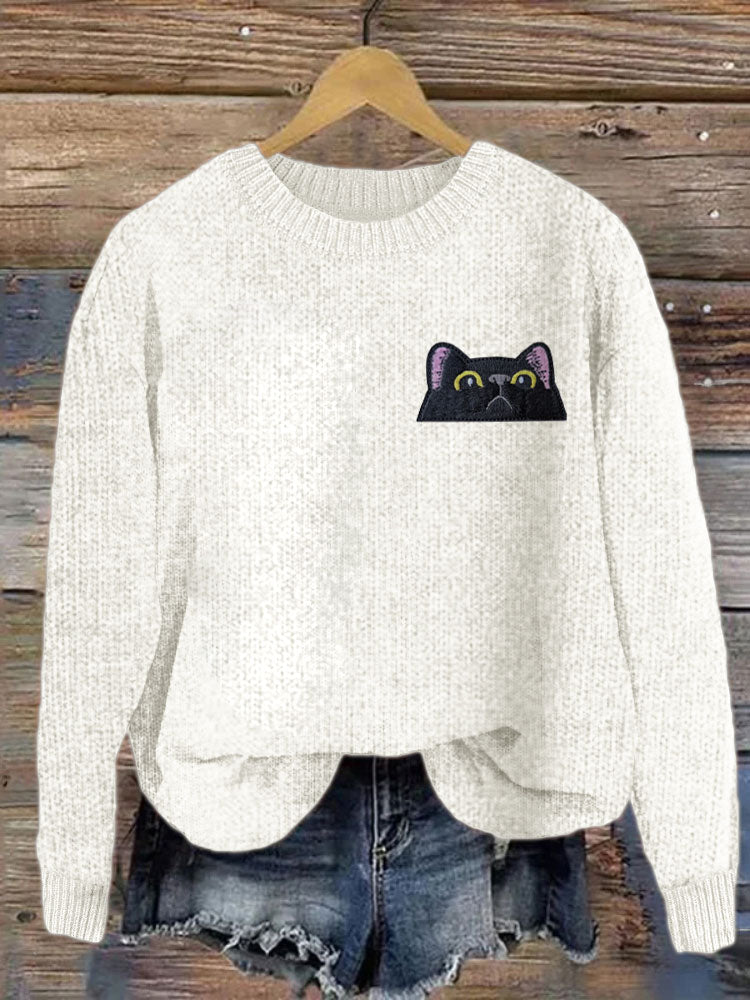Women's Casual Funny Black Cat Print Sweater elevenforest