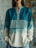Greek Key Pattern Tie-dye Women's Linen Shirt elevenforest