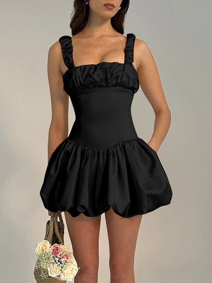 Tossy New Suspender Short Dress for Folds Patchwork Sleeveless Princess Birthday Party Ball Gown Mini Dress