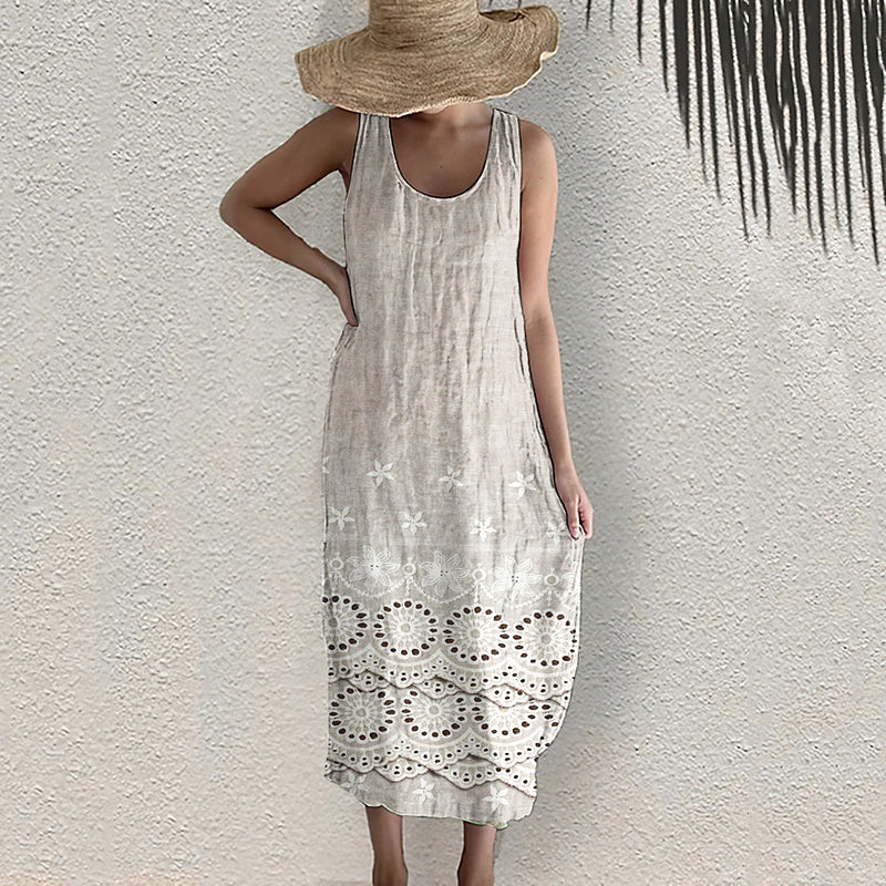 Vintage Floral Embroidered Lace Art Pattern Linen Tank Dress elevenforest