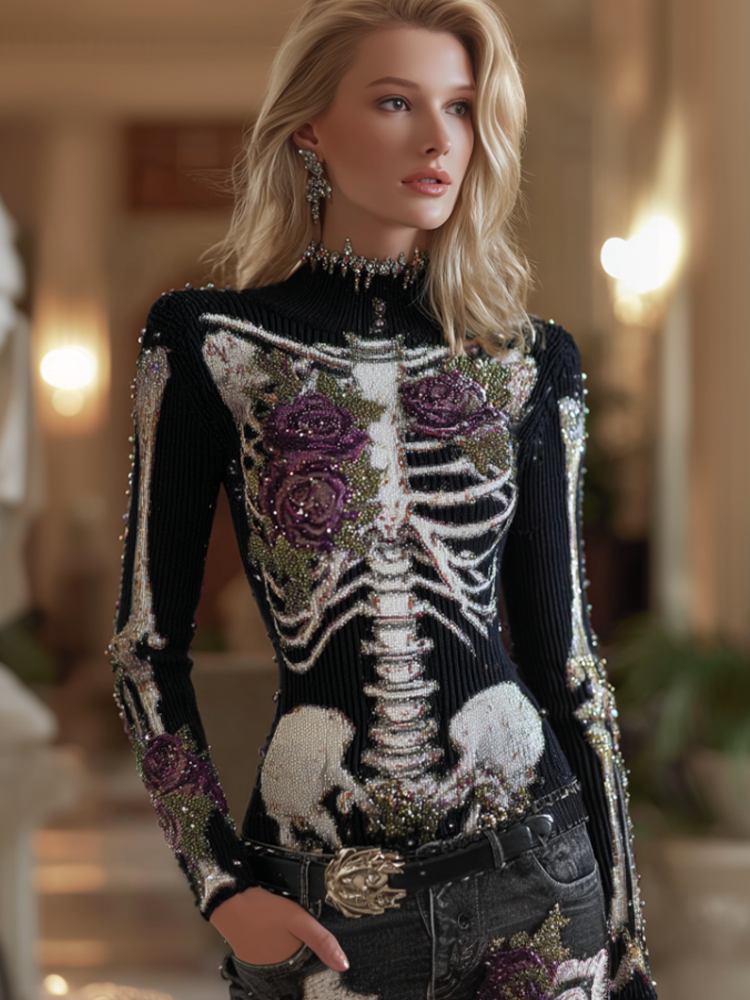 Comstylish Halloween Human Anatomy Style Bone Pattern And Flower Pattern Combined Design Women's Round Neck Knit Sweater