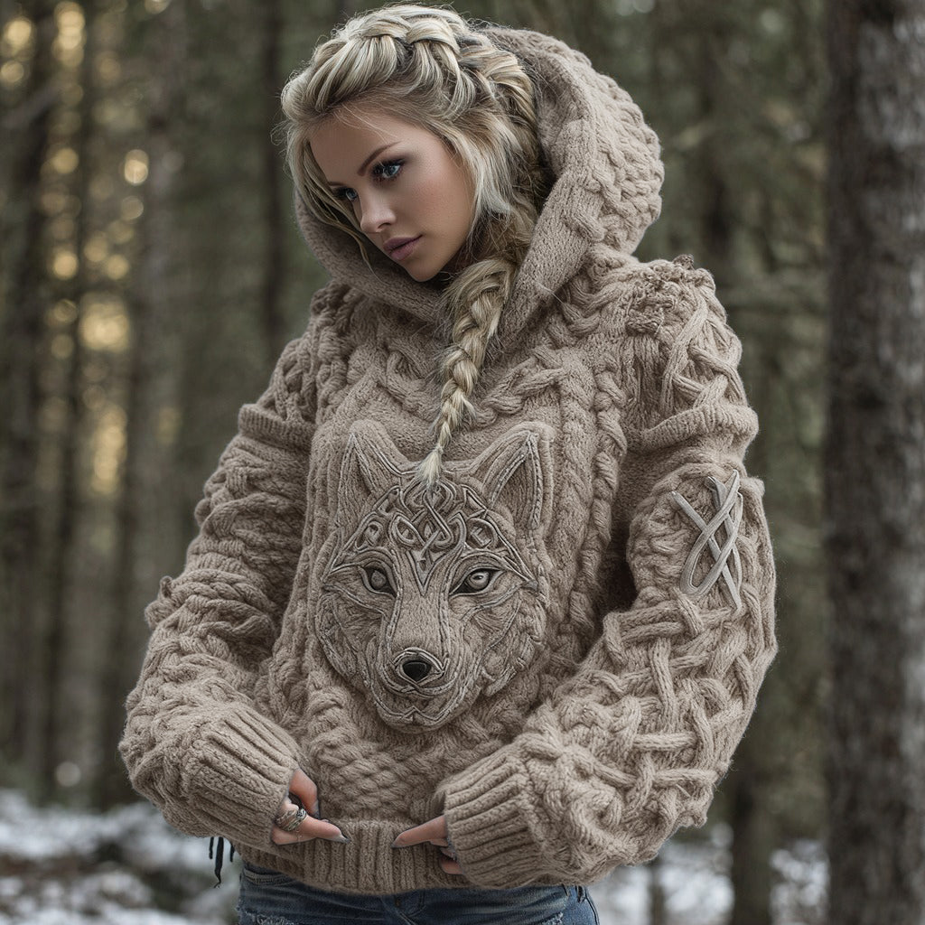 Women's Viking Celtic Wolf Knit Jacquard Warm Hooded Sweater elevenforest