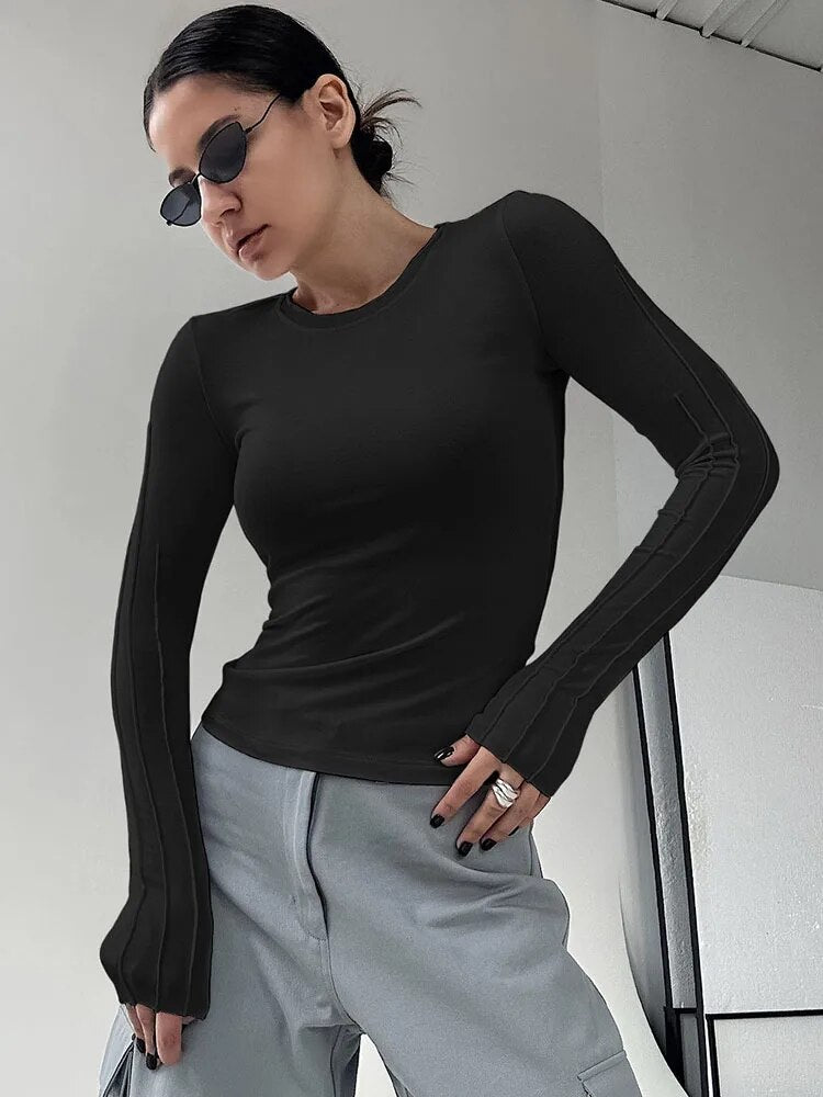 White Pleated Classic Basic Knitted Tees Inner Thin Pullover Tops Black Slim Office Lady T-shirts O-neck