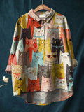 Vintage Lovely Cats Art Print Casual Cotton And Linen Shirt