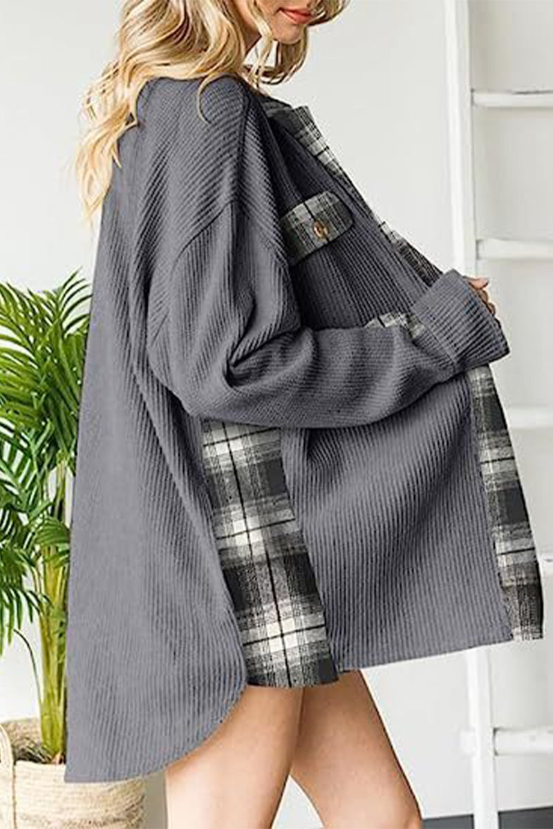 Color Block Pocket Contrast Turndown Collar Tops
