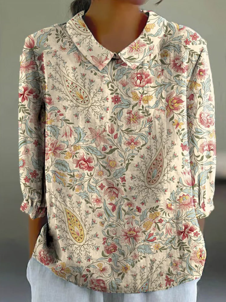 Women's Vintage Botanical Floral Patchwork Art Print Design Lapel Shirt elevenforest
