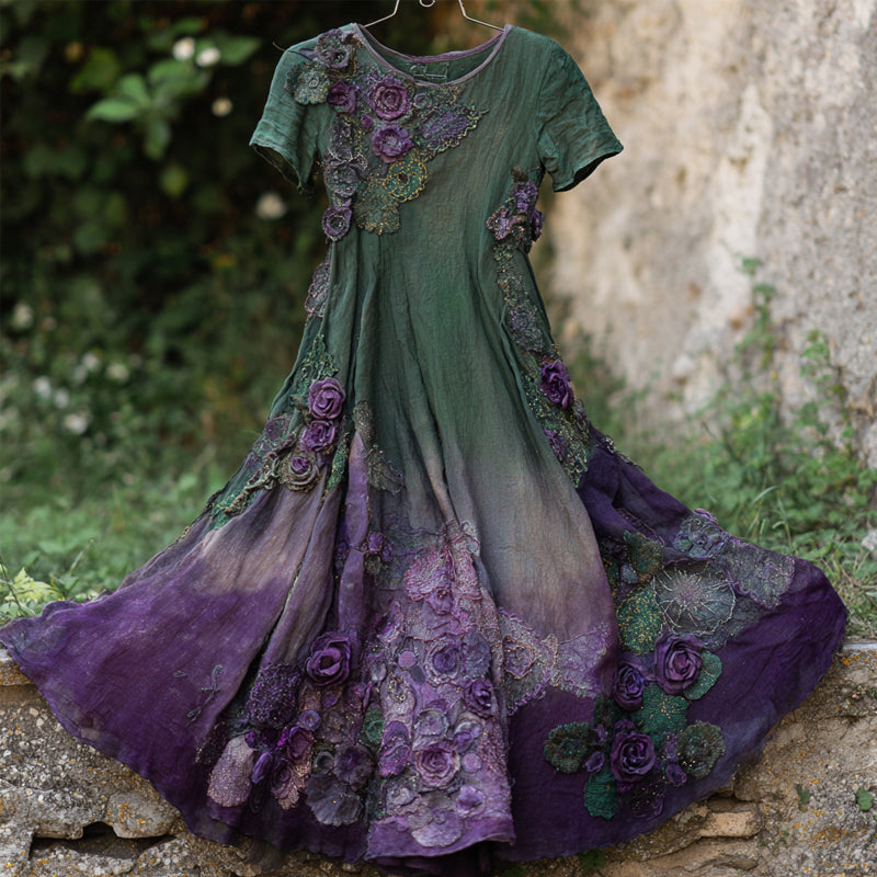Vintage Purple Roses Embroidered Gradient Flowy Linen Maxi Dress elevenforest