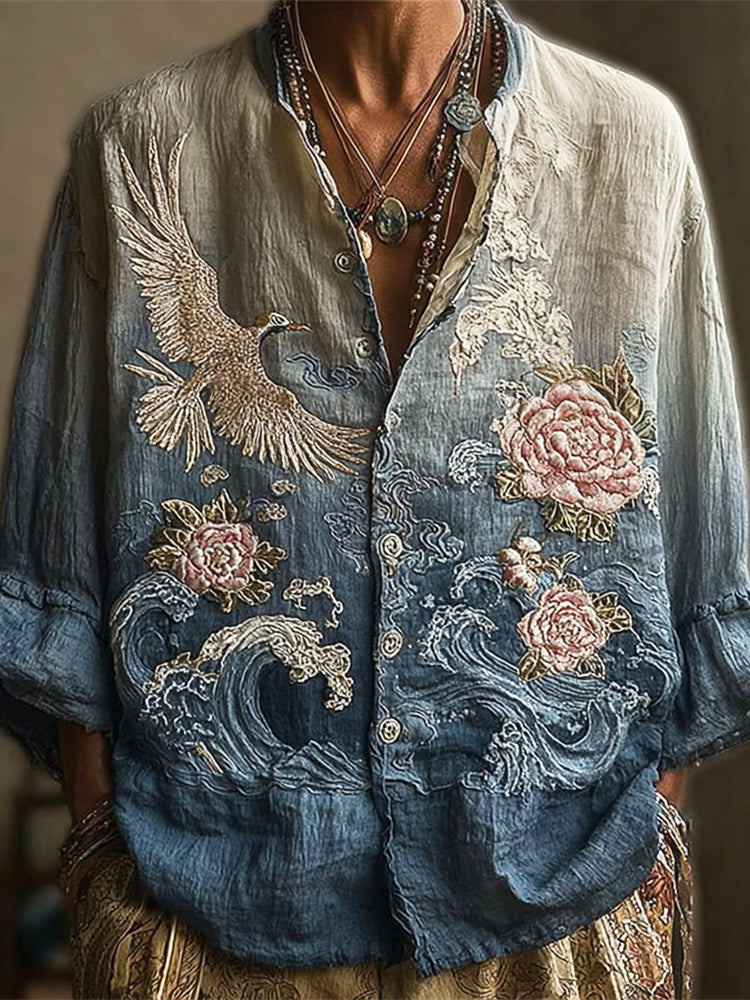 Vintage Japanese Bird & Flower Men's Linen Long Sleeve Shirt elevenforest