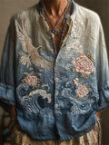 Vintage Japanese Bird & Flower Men's Linen Long Sleeve Shirt elevenforest