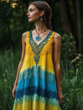 Boho Lace Patchwork V Neck Flowy Linen Maxi Dress elevenforest