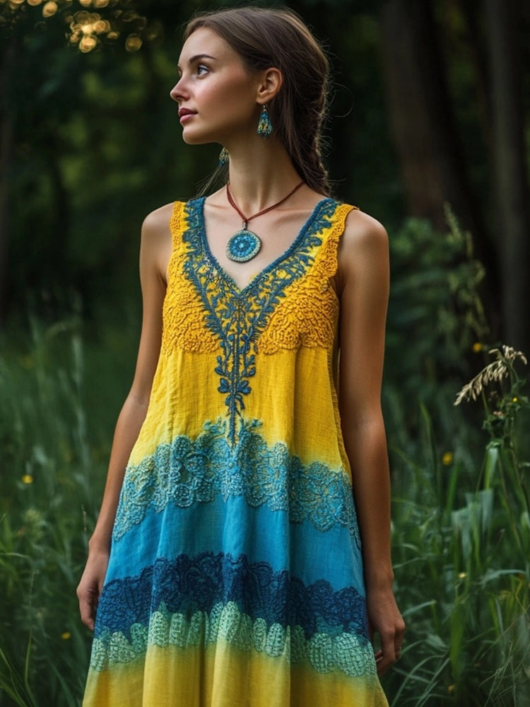 Boho Lace Patchwork V Neck Flowy Linen Maxi Dress elevenforest