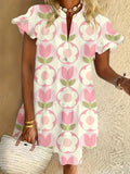 Flower Ruffled Short-sleeved V-neck Buttoned Dress Vacation Beach Dress