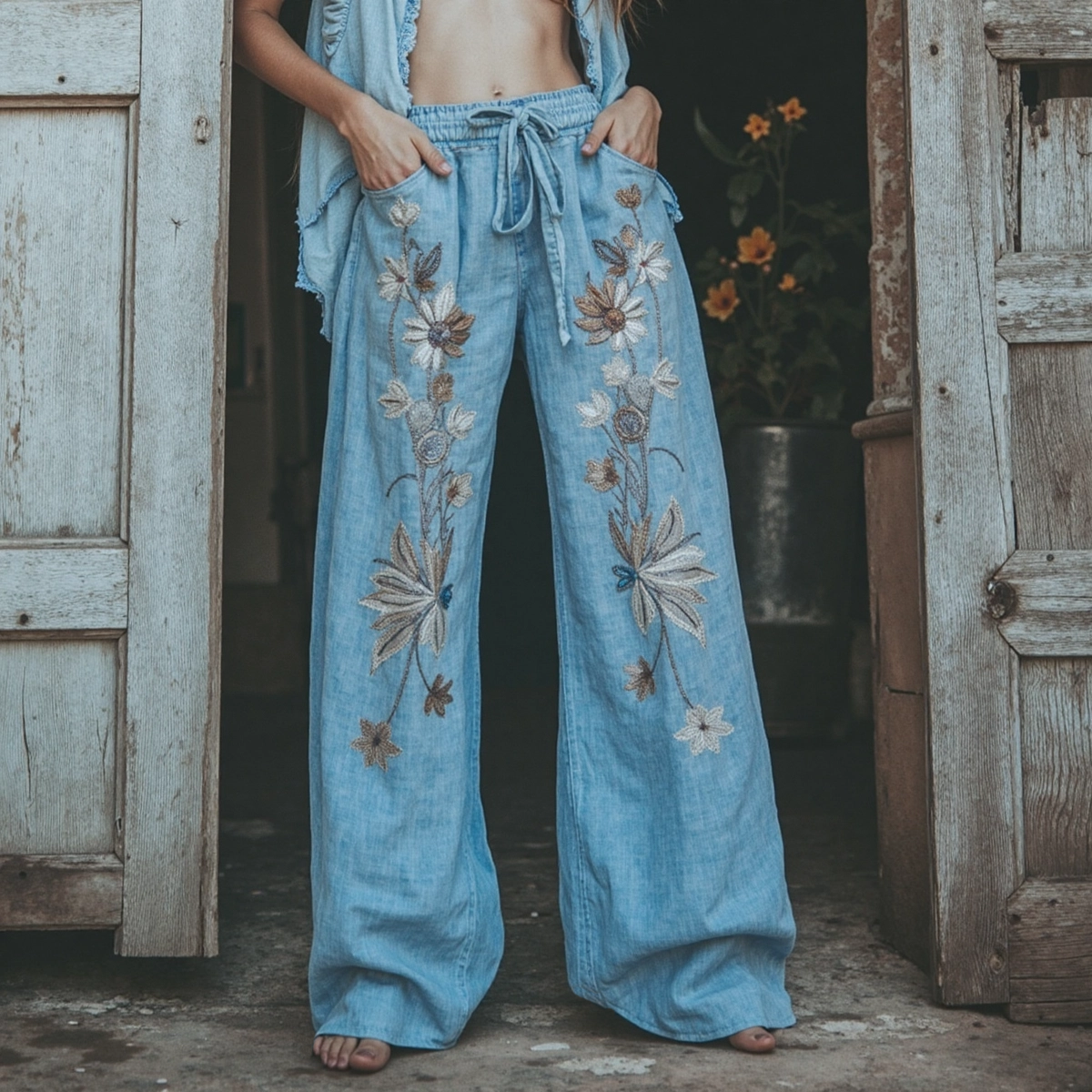 Women's Retro Linen Bohemian Ethnic Flowers Art Long Loose Wide-leg Trouser Pants elevenforest