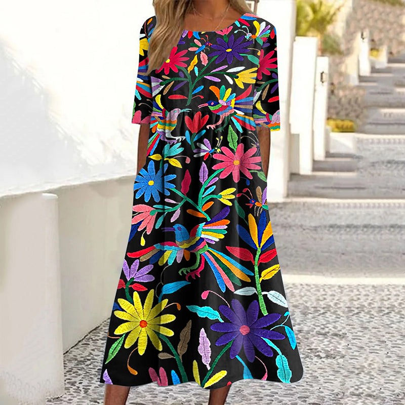 Women's Ethnic Floral And Bird Art Pattern Cotton And Linen Dress elevenforest